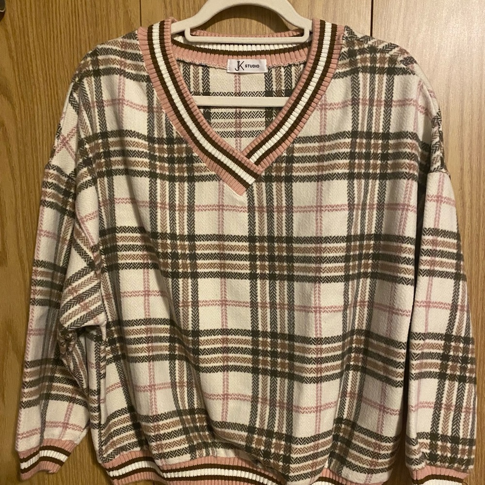 K Studio Plaid Pullover Sweater – Pink/Brown/White – Size M